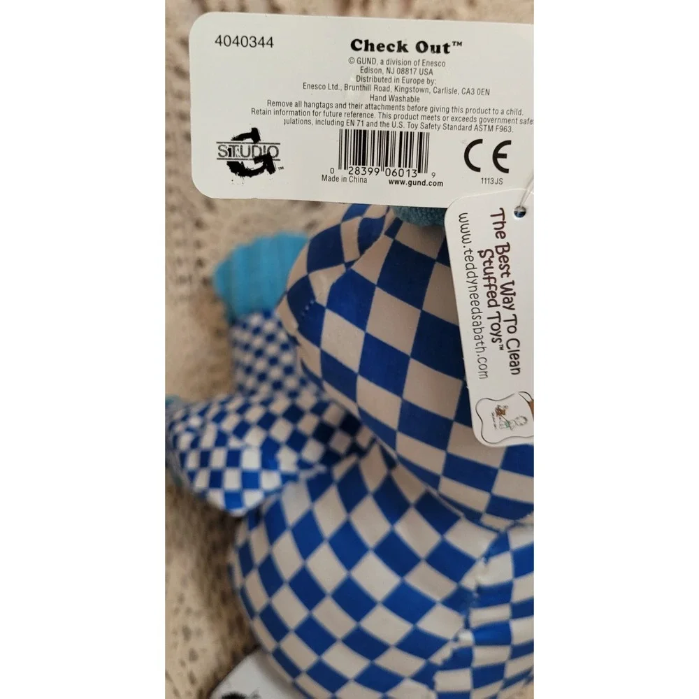 NWT 2 Gund Stuffed Animals. Blue & White Plaid. Multi colored eyes Unique Design
